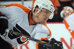 NEWARK, NJ - NOVEMBER 27:  James van Riemsdyk #21 of the Philadelphia Flyers skates against the New Jersey Devils at the Prudential Center on November 27, 2010 in Newark, New Jersey. The Devils defeated the Flyers 2-1 in the shoot out.  (Photo by Bruce Bennett/Getty Images)