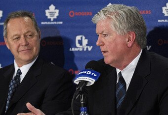 TORONTO - NOVEMBER 29: MLSE President and CEO Richard Peddie and Brian Burke attend a press conference announcing Burke as the teams new General Manager November 29, 2008 at the Air Canada Centre in Toronto, Ontario, Canada. (Photo by Brad White/Getty Images)