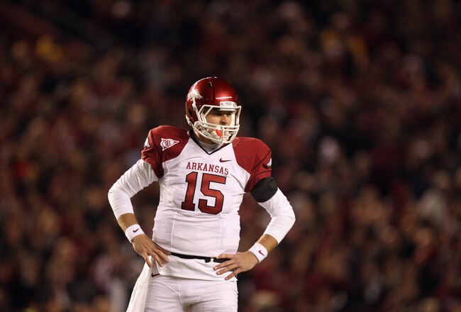 COLUMBIA, SC - NOVEMBER 06:  Ryan Mallett #15 of the Arkansas Razorbacks against the South Carolina Gamecocks during their game at Williams-Brice Stadium on November 6, 2010 in Columbia, South Carolina.  (Photo by Streeter Lecka/Getty Images)