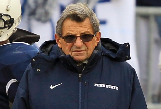 STATE COLLEGE, PA - NOVEMBER 27: Head coach Joe Paterno of the Penn State Nittany Lions stands on the sideline during a game against the Michigan State Spartans on November 27, 2010 at Beaver Stadium in State College, Pennsylvania. The Spartans won 28-22. (Photo by Hunter Martin/Getty Images)
