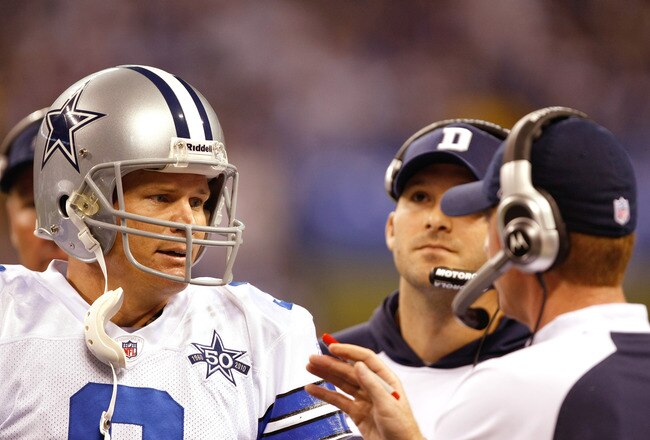 INDIANAPOLIS, IN - DECEMBER 05: Jon Kitna #3 of the Dallas Cowboys talks with Jason Garrett during a game against the Indianapolis Colts at Lucas Oil Stadium on December 5, 2010 in Indianapolis, Indiana.  (Photo by Scott Boehm/Getty Images)