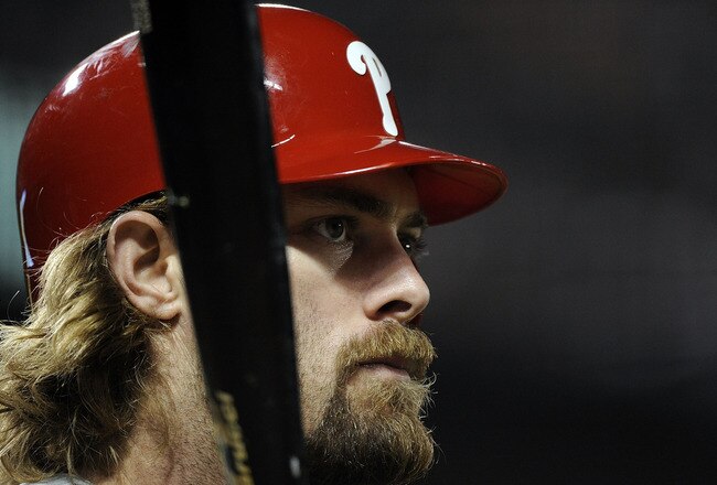 SAN FRANCISCO - OCTOBER 20:  Jayson Werth #28 of the Philadelphia Phillies looks on during an at-bat against the San Francisco Giants in the eighth inning of Game Four of the NLCS during the 2010 MLB Playoffs at AT&T Park on October 20, 2010 in San Francisco, California.  (Photo by Harry How/Getty Images)