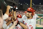 WASHINGTON - JULY 30:  Jayson Werth #28 of the Philadelphia Phillies is congratulated by teammates after hitting a home run in the seventh inning against the Washington Nationals at Nationals Park on July 30, 2010 in Washington, DC.  (Photo by Greg Fiume/Getty Images)