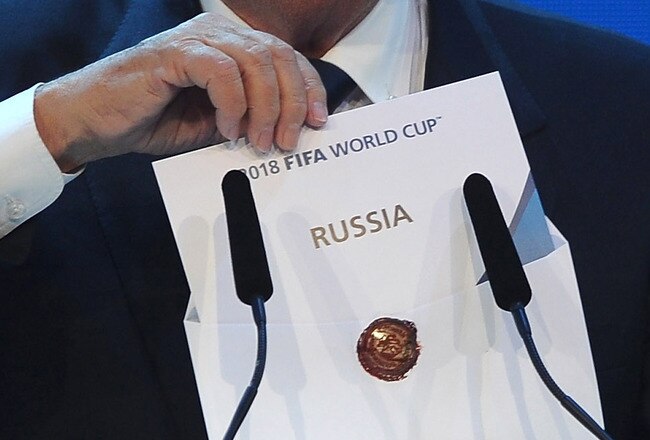 ZURICH, SWITZERLAND - DECEMBER 02:  FIFA President Joseph S Blatter names Russia for the hosts of 2018 duirng the FIFA World Cup 2018 & 2022 Host Countries Announcement at the Messe Conference Centre on December 2, 2010 in Zurich, Switzerland.  (Photo by Laurence Griffiths/Getty Images)