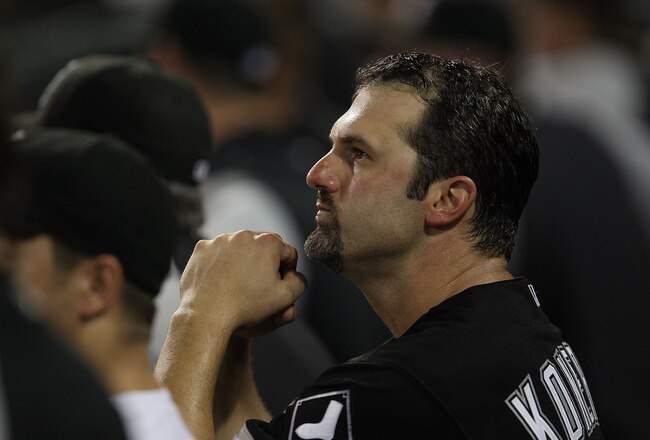 CHICAGO - AUGUST 10: Paul Konerko #14 of the Chicago White Sox watches from the dugout as his teammates take on the Minnesota Twins at U.S. Cellular Field on August 10, 2010 in Chicago, Illinois. The Twins defeated the White Sox 12-6. (Photo by Jonathan Daniel/Getty Images)