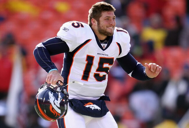 KANSAS CITY, MO - DECEMBER 05:  Quarterback Tim Tebow #15 of the Denver Broncos during warm-ups prior to the start of the game against the Kansas City Chiefs on December 5, 2010 at Arrowhead Stadium in Kansas City, Missouri.  (Photo by Jamie Squire/Getty Images)