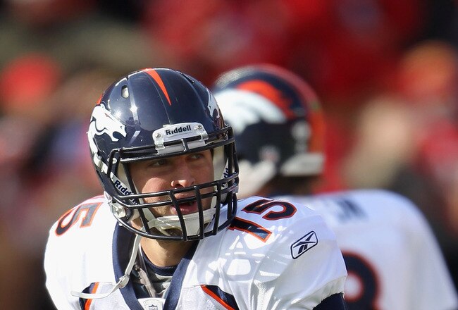 KANSAS CITY, MO - DECEMBER 05:  Quarterback Tim Tebow #15 of the Denver Broncos during warm-ups prior to the start of the game against the Kansas City Chiefs on December 5, 2010 at Arrowhead Stadium in Kansas City, Missouri.  (Photo by Jamie Squire/Getty Images)