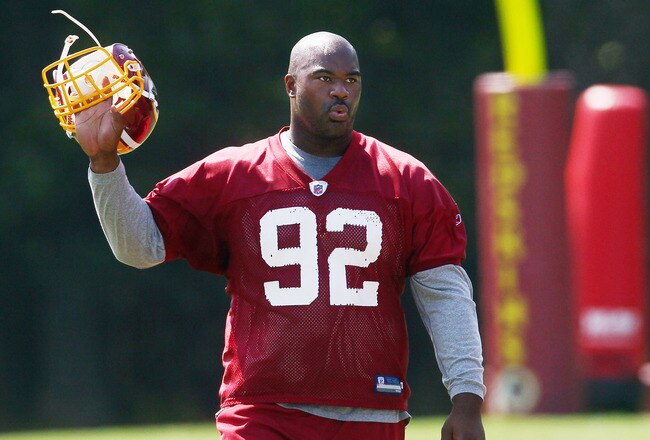 ASHBURN, VA - AUGUST 06:  Defensive lineman Albert Haynesworth #92 of the Washington Redskins walks off the field after missing his eighth consecutive day of practice during Redskins training camp on August 6, 2010 in Ashburn, Virginia.  (Photo by Win McNamee/Getty Images)