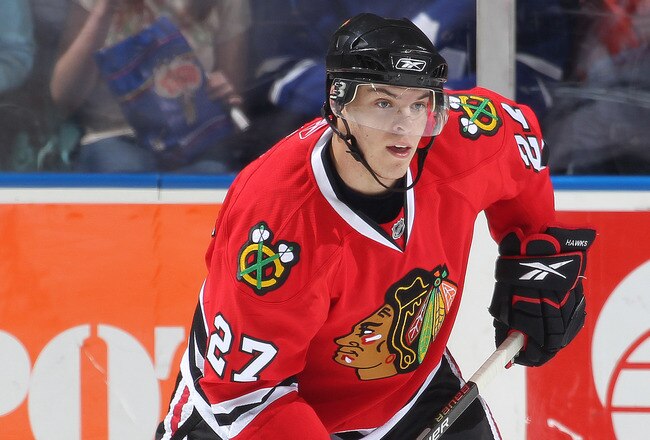 LONDON, CANADA - SEPTEMBER 11:  Jeremy Morin #27 of the Chicago Black Hawks skates in a game against the Toronto Maple leafs during the NHL Rookie Tournament on September 11,2010 at the John Labatt Centre in London,Ontario. The Leafs defeated the Hawks 6-3. (Photo by Claus Andersen/Getty Images)