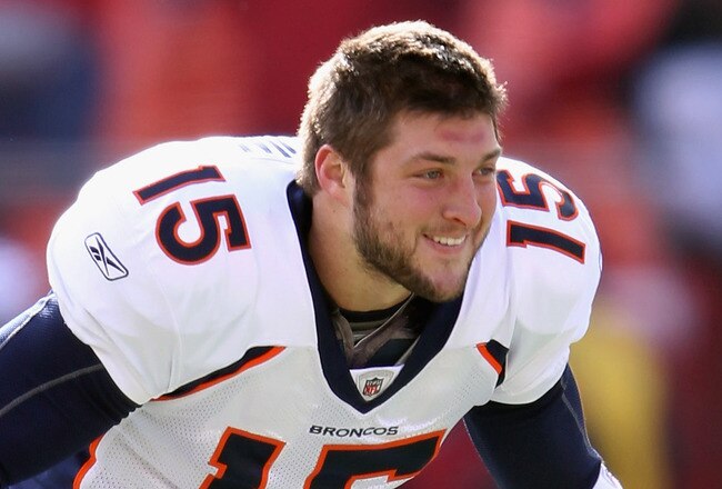 KANSAS CITY, MO - DECEMBER 05:  Quarterback Tim Tebow #15 of the Denver Broncos during warm-ups prior to the start of the game against the Kansas City Chiefs on December 5, 2010 at Arrowhead Stadium in Kansas City, Missouri.  (Photo by Jamie Squire/Getty Images)