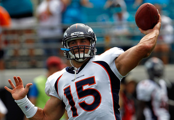 JACKSONVILLE, FL - SEPTEMBER 12:  Quarterback Tim Tebow #15 of the Denver Broncos practices prior to the NFL season opener game against the Jacksonville Jaguars at EverBank Field on September 12, 2010 in Jacksonville, Florida.  (Photo by Sam Greenwood/Getty Images)