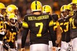 PITTSBURGH, PA - NOVEMBER 14:  Ben Roethlisberger #7 of the Pittsburgh Steelers walks into the huddle during the game against the New England Patriots on November 14, 2010 at Heinz Field in Pittsburgh, Pennsylvania.  (Photo by Jared Wickerham/Getty Images)