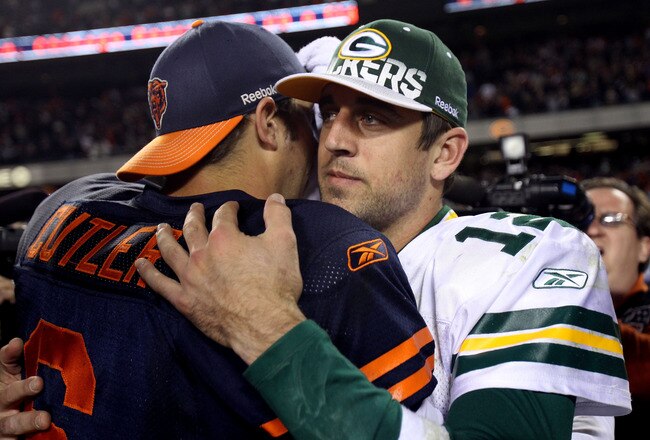 CHICAGO - SEPTEMBER 27:  Aaron Rodgers #12 of the Green Bay Packers congratulates Jay Cutler #6 of the Chicago Bears after the Bears won 20-17 at Soldier Field on September 27, 2010 in Chicago, Illinois.  (Photo by Jonathan Daniel/Getty Images)