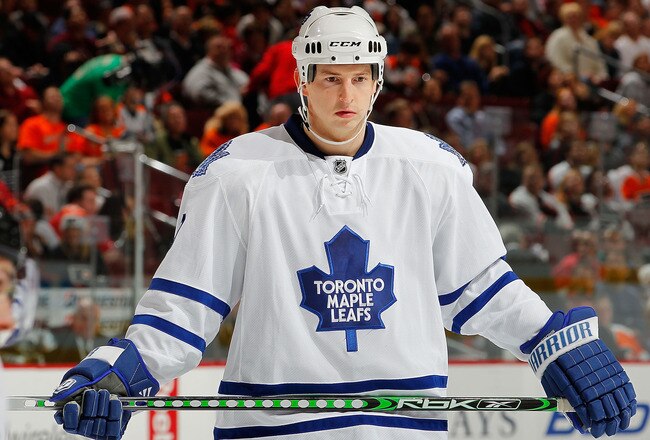 PHILADELPHIA - OCTOBER 23:  Colby Armstrong #9 of the Toronto Maple Leafs waits for a faceoff during a hockey game against the Philadelphia Flyers at the Wells Fargo Center on October 23, 2010 in Philadelphia, Pennsylvania.  (Photo by Paul Bereswill/Getty Images)