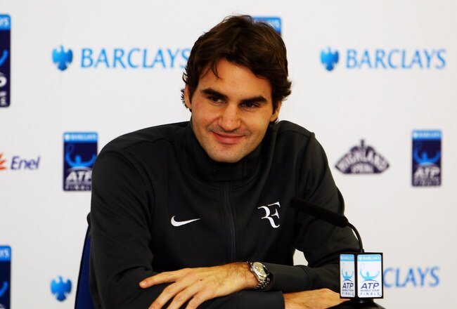 LONDON, ENGLAND - NOVEMBER 28: Roger Federer of Switzerland speaks at a press conference after winning his men's final match against Rafael Nadal of Spain during the ATP World Tour Finals at O2 Arena on November 28, 2010 in London, England.  (Photo by Clive Brunskill/Getty Images)