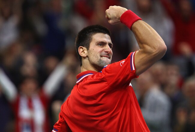 BELGRADE, SERBIA - DECEMBER 05:  Novak Djokovic of Serbia celebrates winning a game in his match against Gael Monfils of France during day three of the Davis Cup Tennis Final at the Begrade Arena on December 5, 2010 in Belgrade, Serbia.  (Photo by Julian Finney/Getty Images)