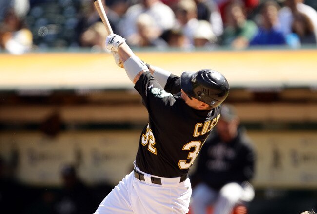 OAKLAND, CA - SEPTEMBER 22:  Jack Cust #32 of the Oakland Athletics hits a single to score Cliff Pennington and give the Athletics a 2-0 lead in the sixth inning against the Chicago White Sox at the Oakland-Alameda County Coliseum on September 22, 2010 in Oakland, California.  (Photo by Ezra Shaw/Getty Images)