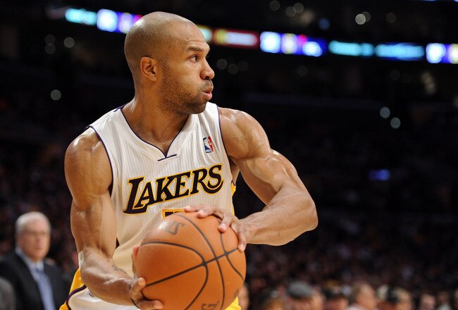 LOS ANGELES, CA - NOVEMBER 07:  Derek Fisher #2 of the Los Angeles Lakers grabs a rebound against the Portland Trail Blazers at the Staples Center on November 7, 2010 in Los Angeles, California.  NOTE TO USER: User expressly acknowledges and agrees that, by downloading and/or using this photograph, User is consenting to the terms and conditions of the Getty Images License Agreement.  (Photo by Harry How/Getty Images)