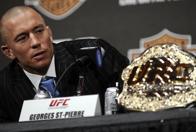 NEW YORK - MARCH 24:  Georges St-Pierre of Montreal, Quebec, Canada speaks at a press conference for UFC 111 at Radio City Music Hall on March 24, 2010 in New York City.  St-Pierre will face Dan Hardy of Nottingham UK in the Welterweight title bout.  (Photo by Jeff Zelevansky/Getty Images)