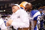 NEW ORLEANS - DECEMBER 20:  Head coach Rick Stockstill is coverd with sports drink by Evon Lettsome #62 of the Middle Tennessee Blue Raiders after defeating the Southern Miss Golden Eagles 42-32 during the R+L Carriers New Orleans Bowl at the Louisiana Superdome on December 20, 2009 in New Orleans, Louisiana.  (Photo by Chris Graythen/Getty Images)