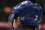 TORONTO - OCTOBER 26: Dion Phaneuf #3 of the Toronto Maple Leafs wears Hockey Fights Cancer sticker during action against the Florida Panthers during game action at the Air Canada Centre October 26, 2010 in Toronto, Ontario, Canada. The Leafs won 3-1. (Photo by Abelimages/Getty Images)