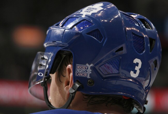 TORONTO - OCTOBER 26: Dion Phaneuf #3 of the Toronto Maple Leafs wears Hockey Fights Cancer sticker during action against the Florida Panthers during game action at the Air Canada Centre October 26, 2010 in Toronto, Ontario, Canada. The Leafs won 3-1. (Photo by Abelimages/Getty Images)