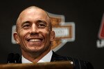 NEW YORK - MARCH 24:  Georges St-Pierre of Montreal, Quebec, Canada speaks at a press conference for UFC 111 at Radio City Music Hall on March 24, 2010 in New York City.  St-Pierre will face Dan Hardy of Nottingham UK in the Welterweight title bout.  (Photo by Jeff Zelevansky/Getty Images)