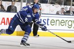 TORONTO - OCTOBER 26: Dion Phaneuf #3 of the Toronto Maple Leafs passes the puck against the Florida Panthers during game action at the Air Canada Centre October 26, 2010 in Toronto, Ontario, Canada. The Leafs won 3-1. (Photo by Abelimages/Getty Images)