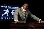 NEW YORK - DECEMBER 11:  Cam Newton, quarterback of the Auburn University Tigers, speaks after being awarded the 2010 Heisman Memorial Trophy Award on December 11, 2010 in New York City.  (Photo by Jeff Zelevansky/Getty Images)