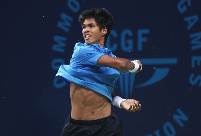 DELHI, INDIA - OCTOBER 10:  Gold medal winner Somdev Devvarman of India plays a forehand against Greg Jones of Australia during the men's singles final at RK Khanna Tennis Stadium during day seven of the Delhi 2010 Commonwealth Games on October 10, 2010 in Delhi, India.  (Photo by Daniel Berehulak/Getty Images)