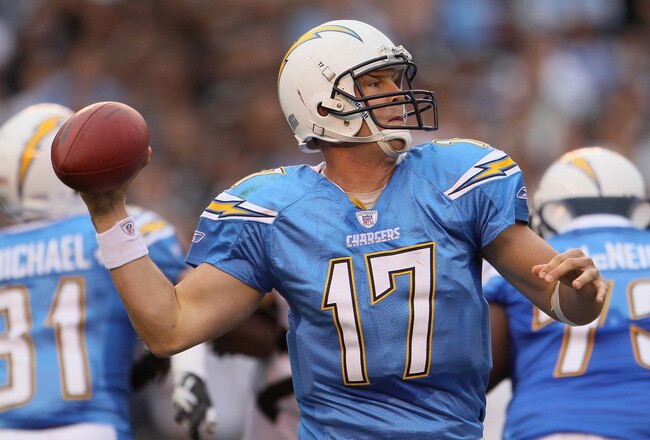 SAN DIEGO - DECEMBER 05:  Quarterback Philip Rivers #17 of the San Diego Chargers drops back to pass against the Oakland Raiders at Qualcomm Stadium on December 5, 2010 in San Diego, California. The Raiders defeated the Chargers 28-13.  (Photo by Jeff Gross/Getty Images)