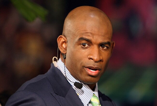 TAMPA, FL - JANUARY 29:  NFL commentator Deion Sanders speaks during a broadcast at the Tampa Convention Center on January 29, 2009 in Tampa, Florida.  (Photo by Scott Halleran/Getty Images)