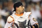 PHOENIX - MAY 19:  Bengie Molina #1 of the San Francisco Giants in action during the Major League Baseball game against the Arizona Diamondbacks at Chase Field on May 19, 2010 in Phoenix, Arizona.  The Diamondbacks defeated the Giants 13-1.  (Photo by Christian Petersen/Getty Images)