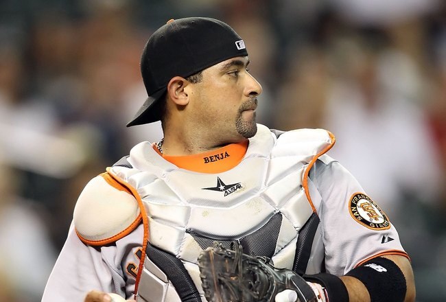 PHOENIX - MAY 19:  Bengie Molina #1 of the San Francisco Giants in action during the Major League Baseball game against the Arizona Diamondbacks at Chase Field on May 19, 2010 in Phoenix, Arizona.  The Diamondbacks defeated the Giants 13-1.  (Photo by Christian Petersen/Getty Images)