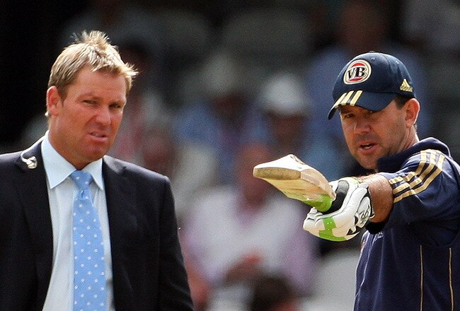 LONDON - AUGUST 22:  Captain, Ricky Ponting of Australia speaks to former Australian player Shane Warne prior to day three of the npower 5th Ashes Test Match between England and Australia at The Brit Oval on August 22, 2009 in London, England.  (Photo by Hamish Blair/Getty Images)