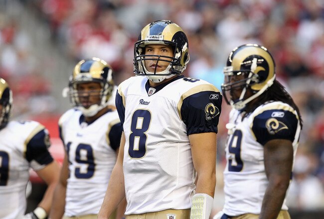 GLENDALE, AZ - DECEMBER 05:  Quarterback Sam Bradford #8 of the St. Louis Rams during the NFL game against the Arizona Cardinals at the University of Phoenix Stadium on December 5, 2010 in Glendale, Arizona. The Rams defeated the Cardinals 19-6.  (Photo by Christian Petersen/Getty Images)