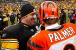 PITTSBURGH - DECEMBER 12:  Ben Roethlisberger #7 of the Pittsburgh Steelers laughs with Carson Palmer #9 of the Cincinnati Bengals following the game on December 12, 2010 at Heinz Field in Pittsburgh, Pennsylvania.  (Photo by Jared Wickerham/Getty Images)