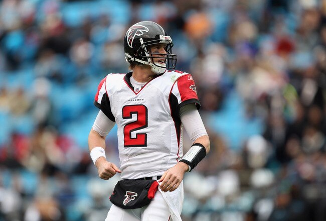 CHARLOTTE, NC - DECEMBER 12:  Matt Ryan #2 of the Atlanta Falcons against the Carolina Panthers during their game at Bank of America Stadium on December 12, 2010 in Charlotte, North Carolina.  (Photo by Streeter Lecka/Getty Images)