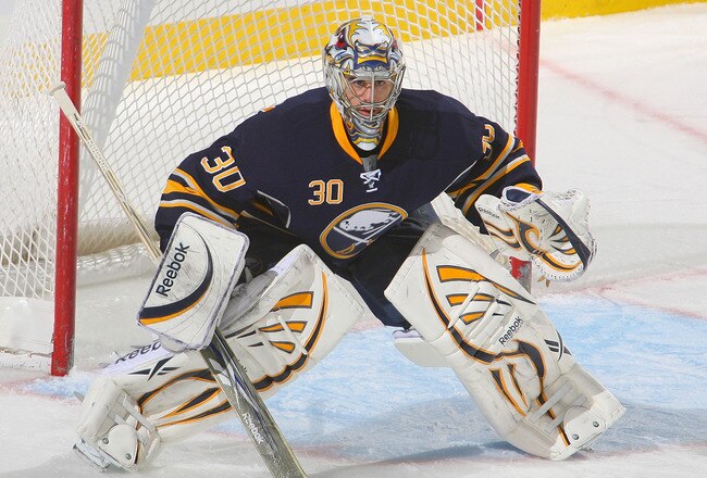BUFFALO, NY - DECEMBER 09: Ryan Miller #30 of the Buffalo Sabres stands in goal against the San Jose Sharks at HSBC Arena on December 9, 2010 in Buffalo, New York. Buffalo won 6-3.  (Photo by Rick Stewart/Getty Images)
