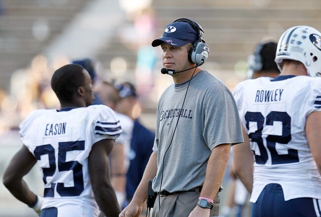FORT WORTH, TX - OCTOBER 16:  Head coach Bronco Mendenhall of the BYU Cougars heads his team against the TCU Horned Frogs at Amon G. Carter Stadium on October 16, 2010 in Fort Worth, Texas.  TCU beat BYU 31-3.  (Photo by Tom Pennington/Getty Images)