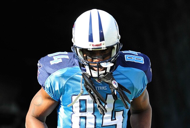 NASHVILLE, TN - NOVEMBER 21:  Randy Moss #84 of the Tennessee Titans is introduced before a game against the Washington Redskins at LP Field on November 21, 2010 in Nashville, Tennessee.  (Photo by Grant Halverson/Getty Images)