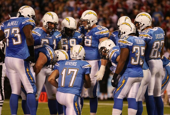 SAN DIEGO, CA - DECEMBER 16:  Quarterback Philip Rivers #17 of the San Diego Chargers speaks to his teammates in the huddle during their game against the San Francisco 49ers at Qualcomm Stadium on December 16, 2010 in San Diego, California.  (Photo by Donald Miralle/Getty Images)