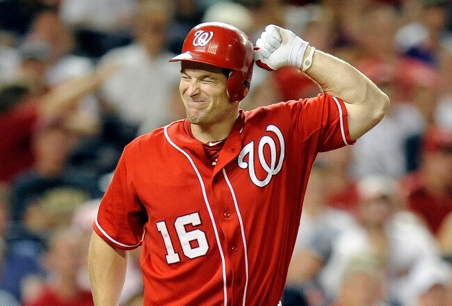 WASHINGTON - JUNE 05:  Josh Willingham #16 of the Washington Nationals winces after being hit by a pitch during the game against the Cincinnati Reds at Nationals Park on June 5, 2010 in Washington, DC.  (Photo by Greg Fiume/Getty Images)