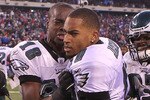 EAST RUTHERFORD, NJ - DECEMBER 19:  DeSean Jackson #10 of the Philadelphia Eagles celebrates his game winning touchdown with teammates Jeremy Maclin #18 and Brodrick Bunkley #97 against the New York Giants at New Meadowlands Stadium on December 19, 2010 in East Rutherford, New Jersey.  (Photo by Nick Laham/Getty Images)