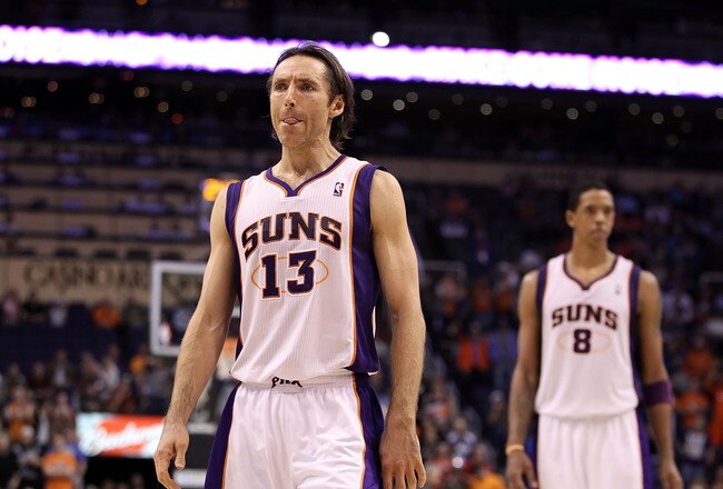 PHOENIX - DECEMBER 15:  Steve Nash #13 of the Phoenix Suns walks down court during the NBA game against the Minnesota Timberwolves at US Airways Center on December 15, 2010 in Phoenix, Arizona.  The Suns defeated the Timberwolves 128-122.  NOTE TO USER: User expressly acknowledges and agrees that, by downloading and or using this photograph, User is consenting to the terms and conditions of the Getty Images License Agreement.  (Photo by Christian Petersen/Getty Images)