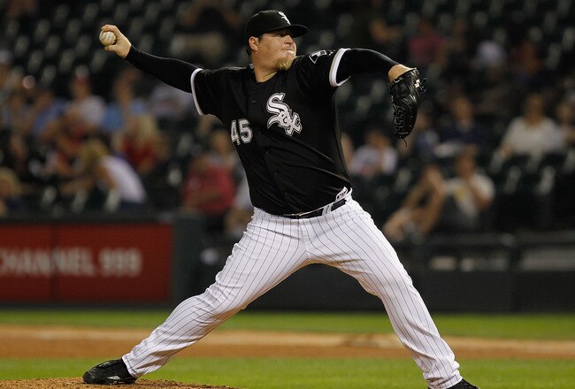 CHICAGO - JULY 07: Bobby Jenks #45 of the Chicago White Sox pitches in the 9th inning against the Los Angeles Angels of Anaheim at U.S. Cellular Field on July 7, 2010 in Chicago, Illinois. The White Sox defeated the Angels 5-2. (Photo by Jonathan Daniel/Getty Images)