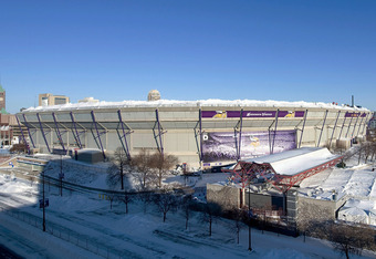 MINNEAPOLIS, MN - DECEMBER 12:  Snow surrounds the Hubert H. Humphrey Metrodome, Mall of America Stadium where the inflatable roof collapsed under the weight of snow during a storm Sunday morning December 12, 2010 in Minneapolis, Minnesota. A blizzard dumped more than 20 inches of snow in parts of the Midwest forcing the NFL football game between the New York Giants and the Minnesota Vikings to be postponed till Monday and will be played in Detroit's Ford Field. There were no injuries reported from the collapse of the dome.  (Photo by Tom Dahlin/Getty Images)
