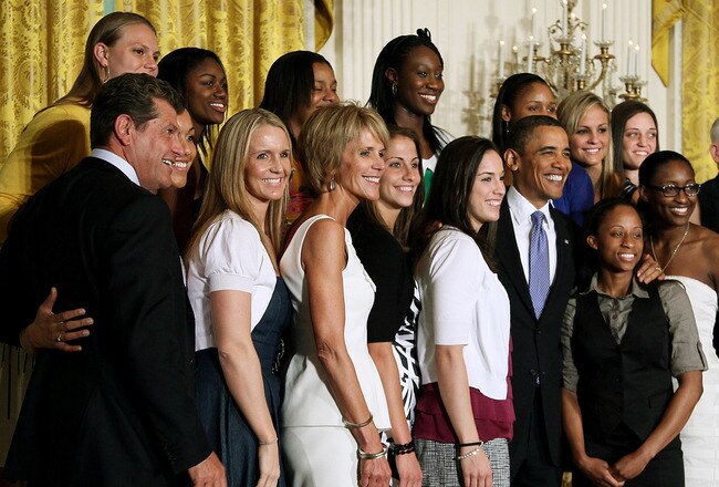 WASHINGTON - MAY 17:  U.S. President Barack Obama (C) poses for a picture with the NCAA champion University of Connecticut women�s basketball team during a ceremony in the East Room at the White House on May 17, 2010 in Washington, DC. The Huskies were invited to the White House to recognize their seventh overall and second straight NCAA championship and back-to-back undefeated seasons.  (Photo by Mark Wilson/Getty Images)