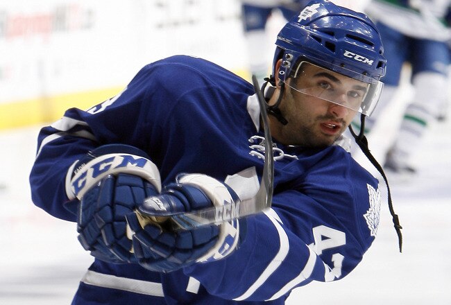 TORONTO - NOVEMBER 13: Nazem Kadri #43 of the Toronto Maple Leafs shoots during warmup before his first NHL game at the Air Canada Centre against the Vancouver Canucks November 13, 2010 in Toronto, Ontario, Canada. (Photo by Abelimages/Getty Images)
