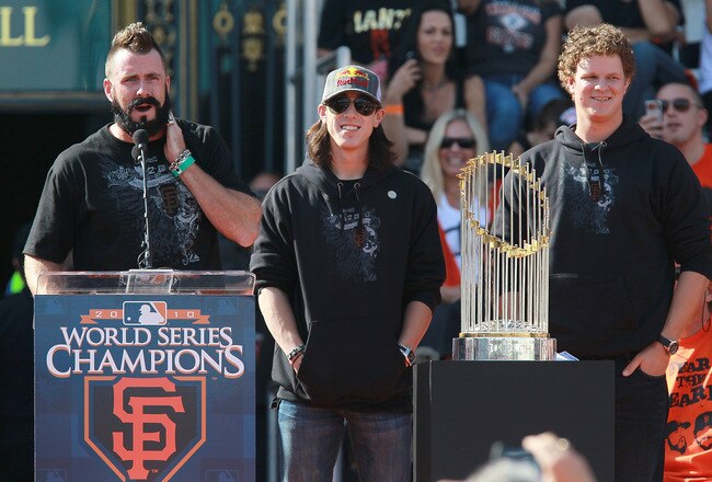 SAN FRANCISCO - NOVEMBER 03:  (L-R) San Francisco Giants pitchers Brian Wilson, Tim Lincecum and Matt Cain speak to fans outside San Francisco city hall during the Giants' victory parade and celebration on November 3, 2010 in San Francisco, California. Thousands of Giants fans lined the streets of San Francisco to watch the San Francisco Giants celebrate their 2010 World Series victory over the Texas Rangers.  (Photo by Justin Sullivan/Getty Images)